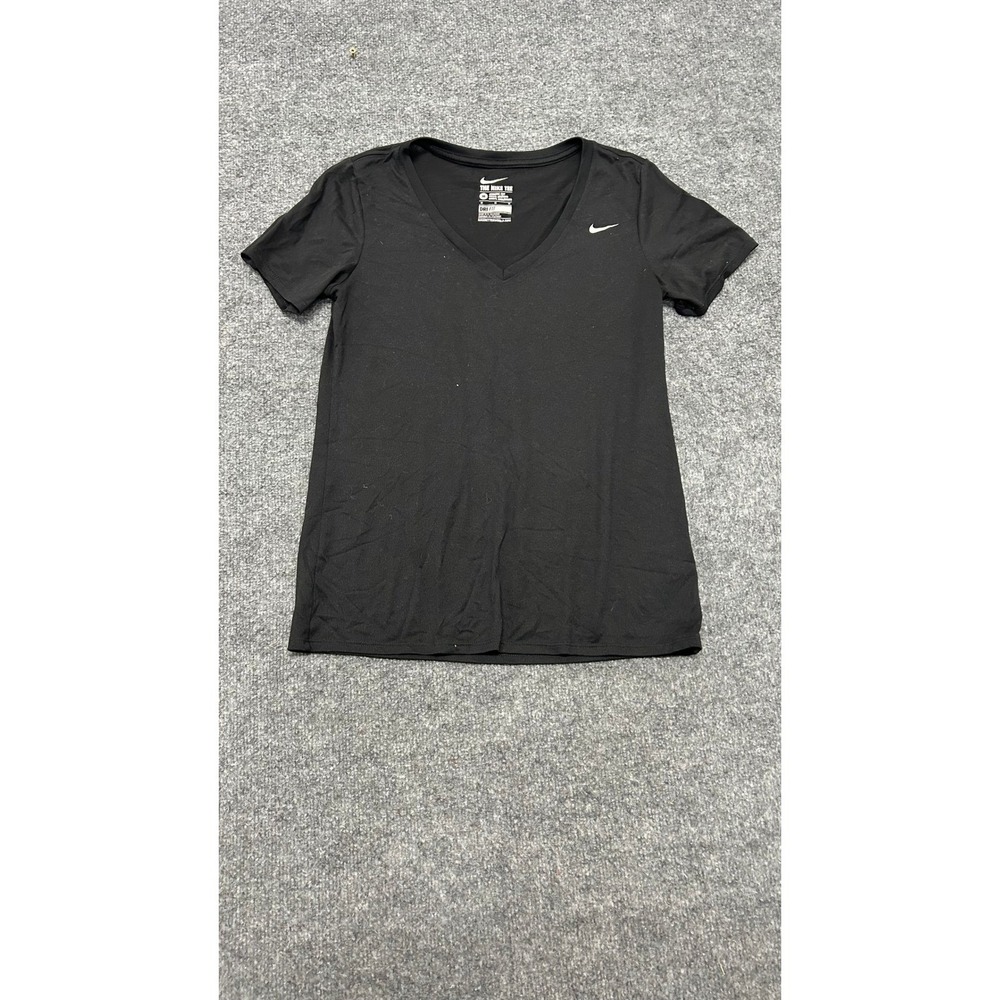 Nike T-Shirt Womens Size M Black Dri-Fit Athletic Cut V-Neck Short Sleeve Logo